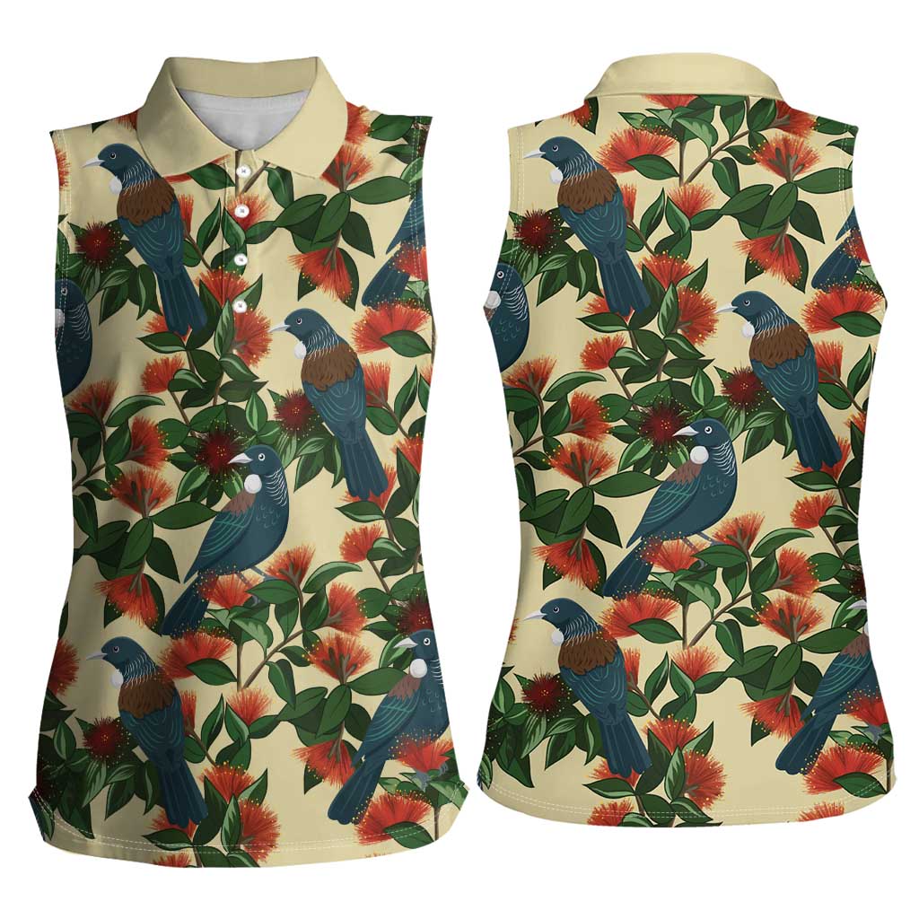 New Zealand Christmas Women Sleeveless Polo Shirt Romantic Tui Birds on Pohutukawa - Ivory - Polynesian Pride