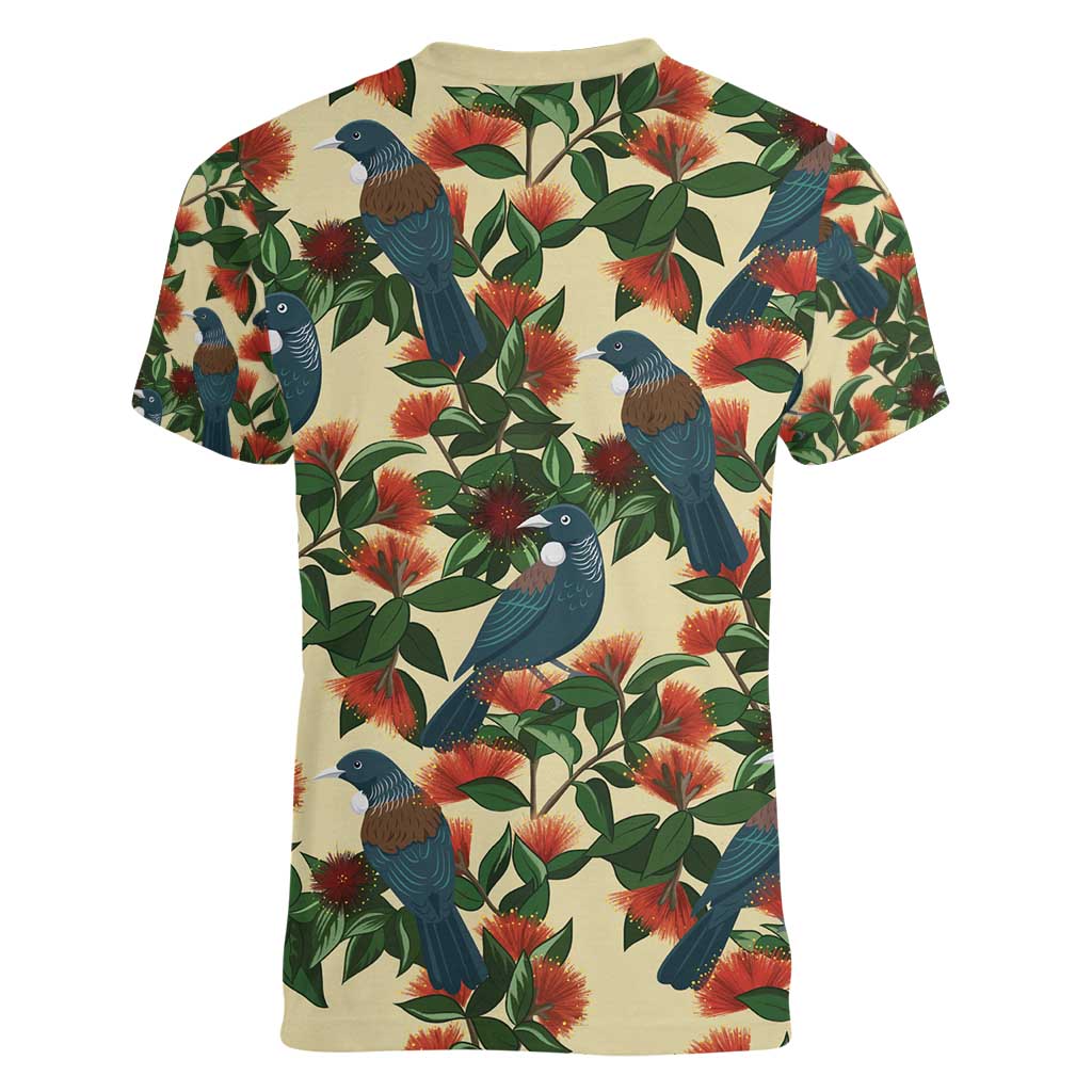 New Zealand Christmas Women V-Neck T-Shirt Romantic Tui Birds on Pohutukawa - Ivory - Polynesian Pride