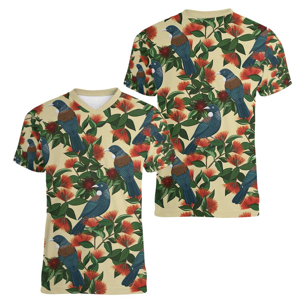 New Zealand Christmas Women V-Neck T-Shirt Romantic Tui Birds on Pohutukawa - Ivory - Polynesian Pride