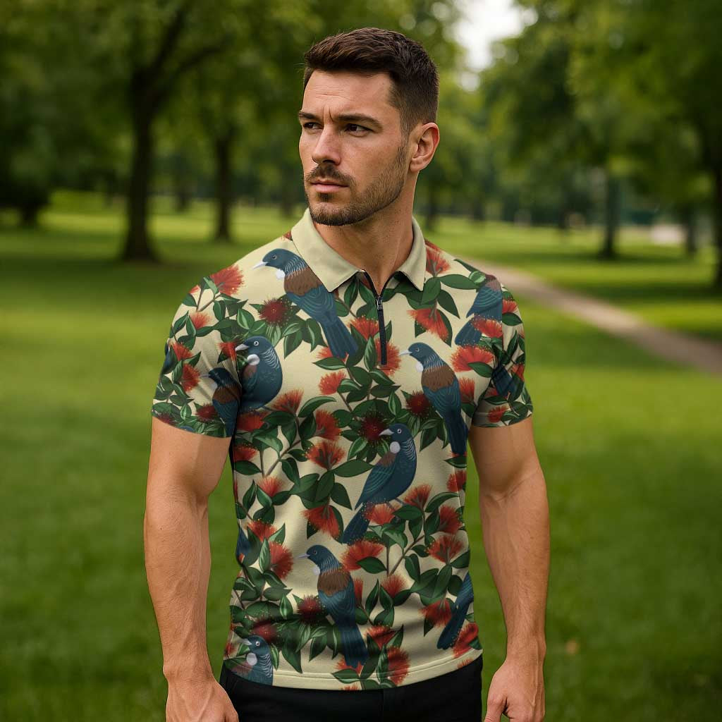 New Zealand Christmas Zipper Polo Shirt Romantic Tui Birds on Pohutukawa - Ivory - Polynesian Pride