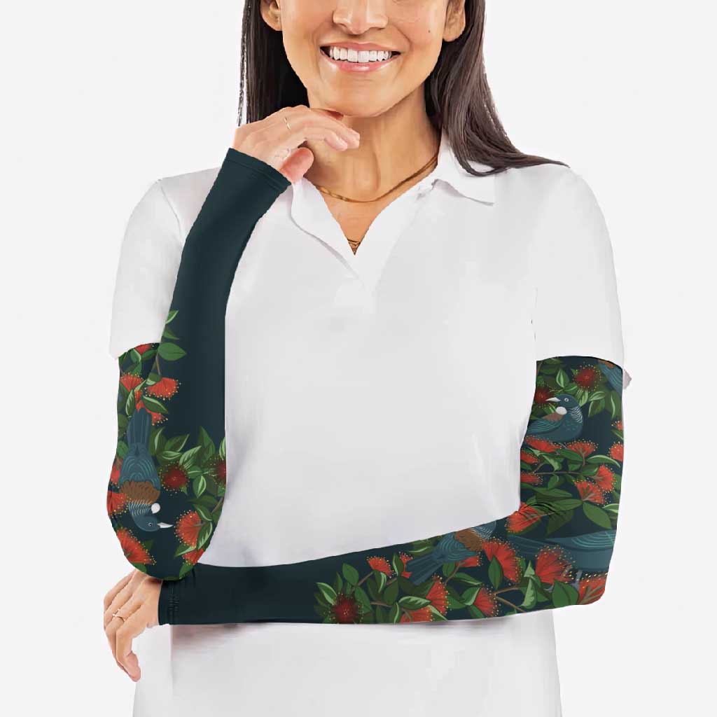 New Zealand Christmas Arm Sleeves Romantic Tui Birds on Pohutukawa - Cobalt - Polynesian Pride