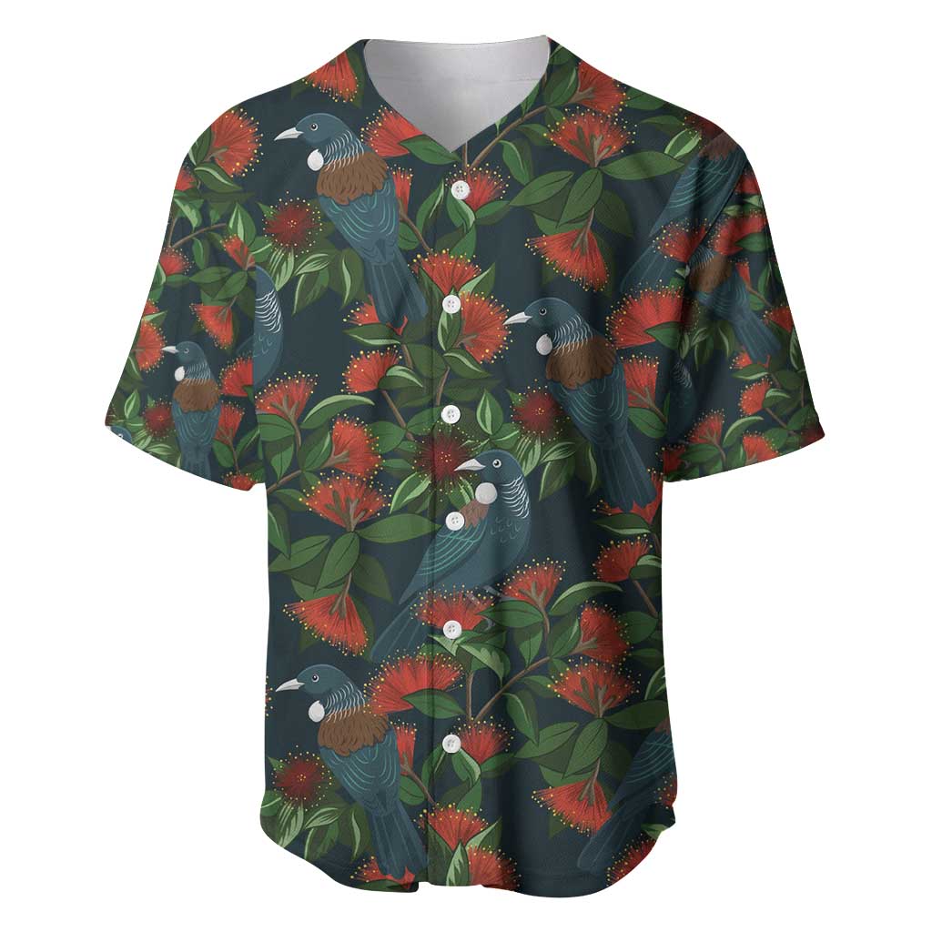New Zealand Christmas Baseball Jersey Romantic Tui Birds on Pohutukawa - Cobalt - Polynesian Pride