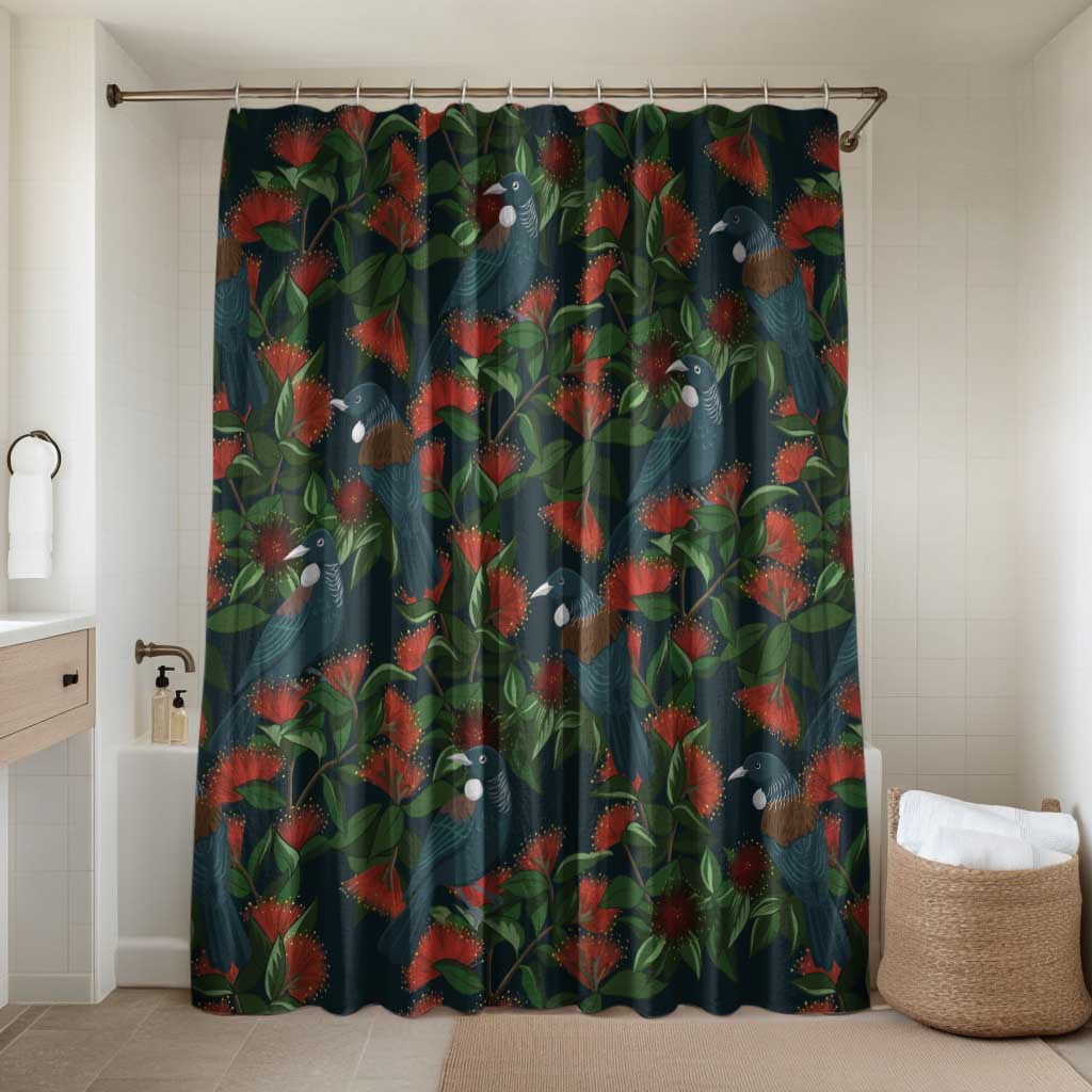 New Zealand Christmas Bathroom Set Romantic Tui Birds on Pohutukawa - Cobalt - Polynesian Pride