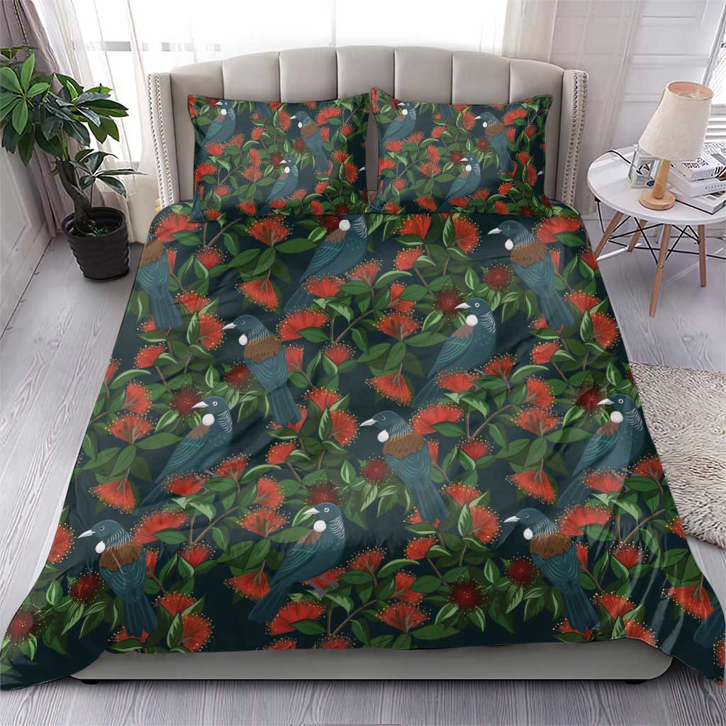 New Zealand Christmas Bedding Set Romantic Tui Birds on Pohutukawa - Cobalt - Polynesian Pride