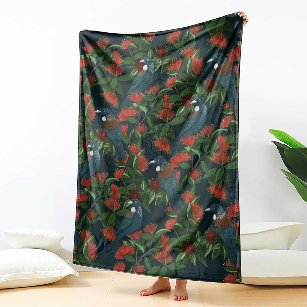New Zealand Christmas Blanket Romantic Tui Birds on Pohutukawa - Cobalt - Polynesian Pride
