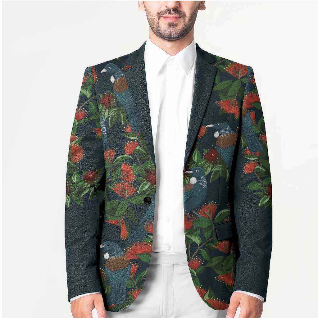 New Zealand Christmas Blazer Romantic Tui Birds on Pohutukawa - Cobalt - Polynesian Pride