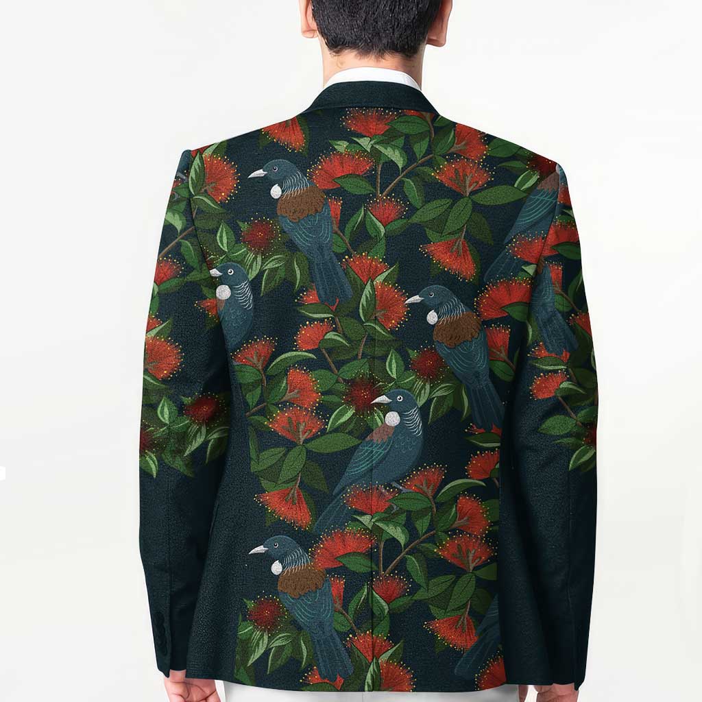 New Zealand Christmas Blazer Romantic Tui Birds on Pohutukawa - Cobalt - Polynesian Pride