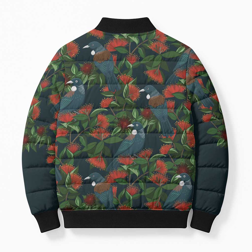 New Zealand Christmas Bomber Puffer Jacket Romantic Tui Birds on Pohutukawa - Cobalt - Polynesian Pride
