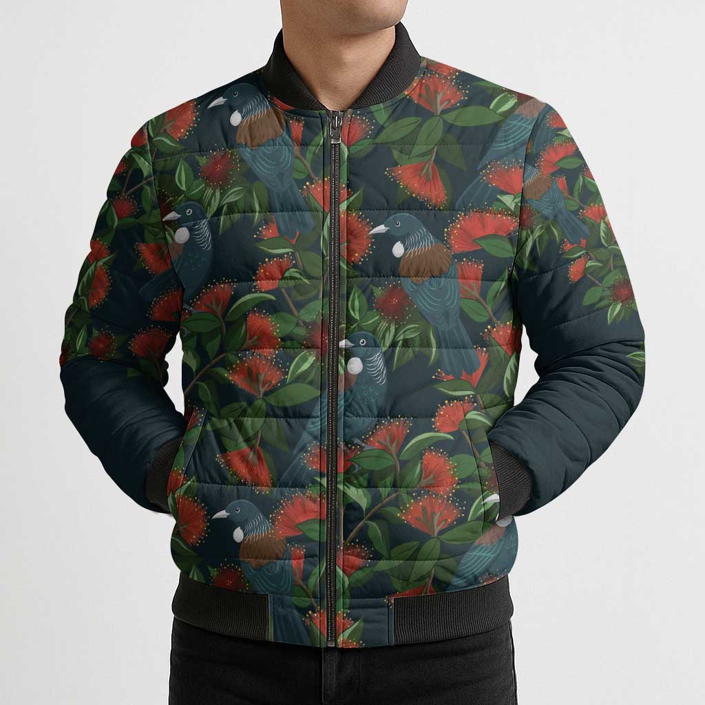 New Zealand Christmas Bomber Puffer Jacket Romantic Tui Birds on Pohutukawa - Cobalt - Polynesian Pride