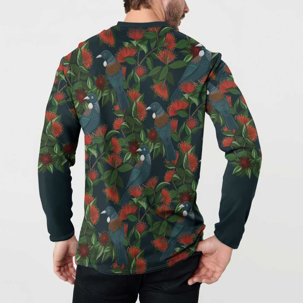 New Zealand Christmas Button Sweatshirt Romantic Tui Birds on Pohutukawa - Cobalt - Polynesian Pride