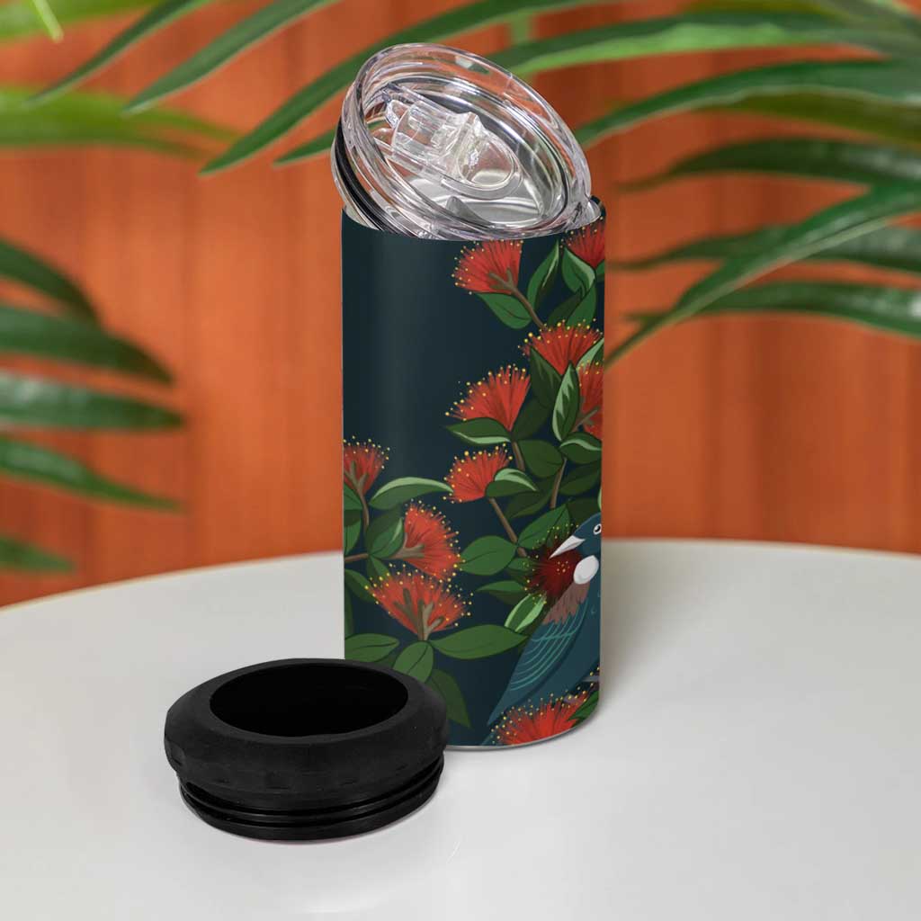 New Zealand Christmas 4 in 1 Can Cooler Tumbler Romantic Tui Birds on Pohutukawa - Cobalt - Polynesian Pride