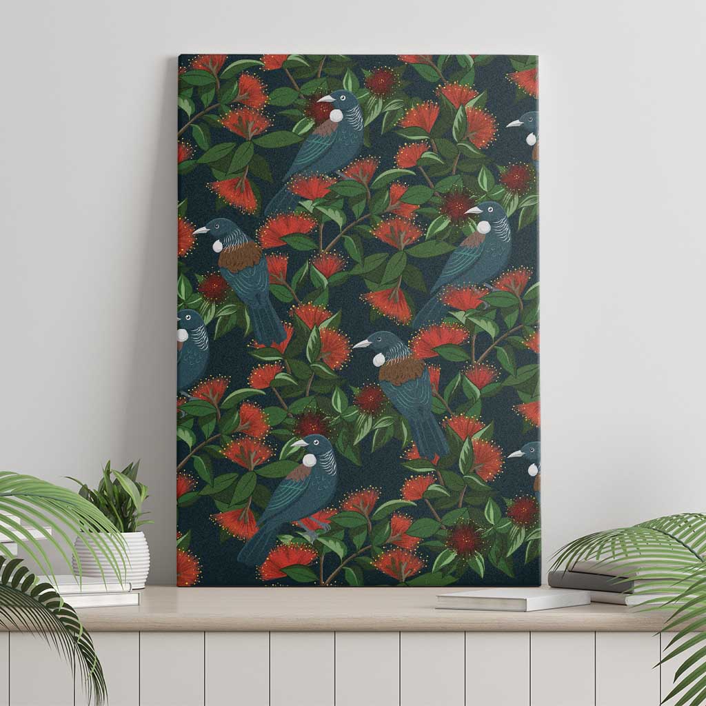 New Zealand Christmas Canvas Wall Art Romantic Tui Birds on Pohutukawa - Cobalt - Polynesian Pride
