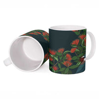 New Zealand Christmas Ceramic Mug Romantic Tui Birds on Pohutukawa - Cobalt - Polynesian Pride