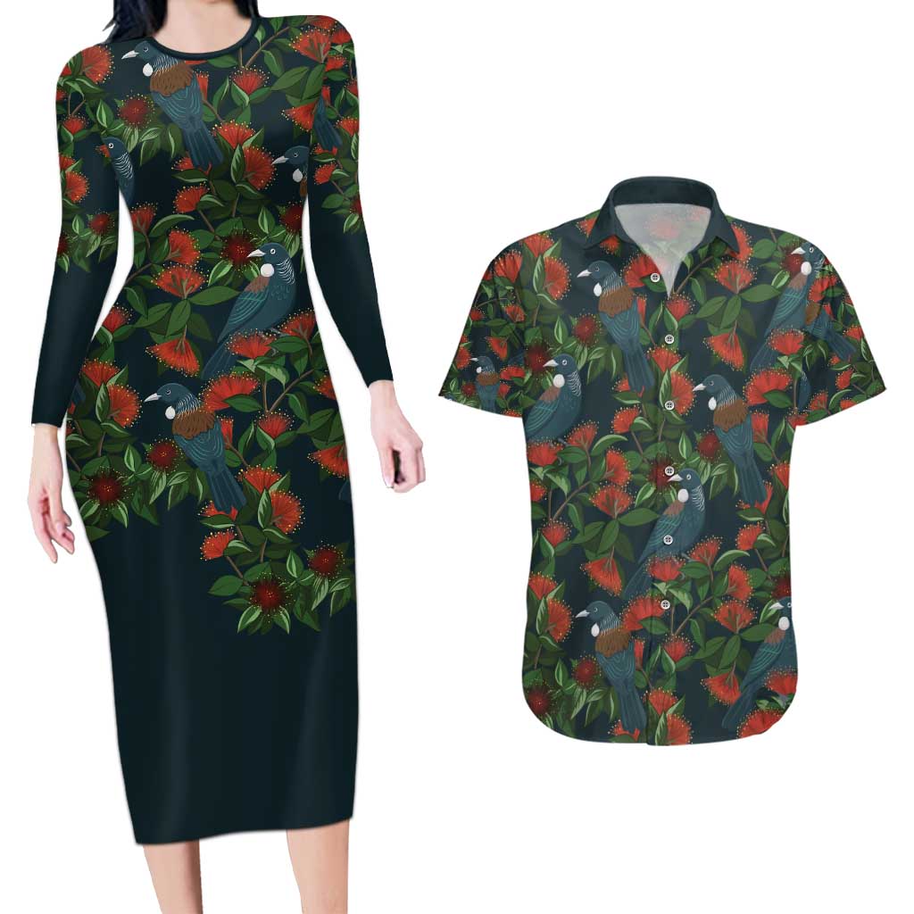New Zealand Christmas Couples Matching Long Sleeve Bodycon Dress and Hawaiian Shirt Romantic Tui Birds on Pohutukawa - Cobalt - Polynesian Pride