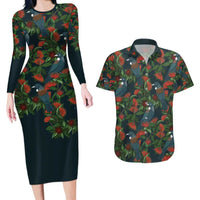 New Zealand Christmas Couples Matching Long Sleeve Bodycon Dress and Hawaiian Shirt Romantic Tui Birds on Pohutukawa - Cobalt - Polynesian Pride