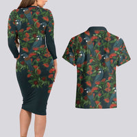 New Zealand Christmas Couples Matching Long Sleeve Bodycon Dress and Hawaiian Shirt Romantic Tui Birds on Pohutukawa - Cobalt - Polynesian Pride