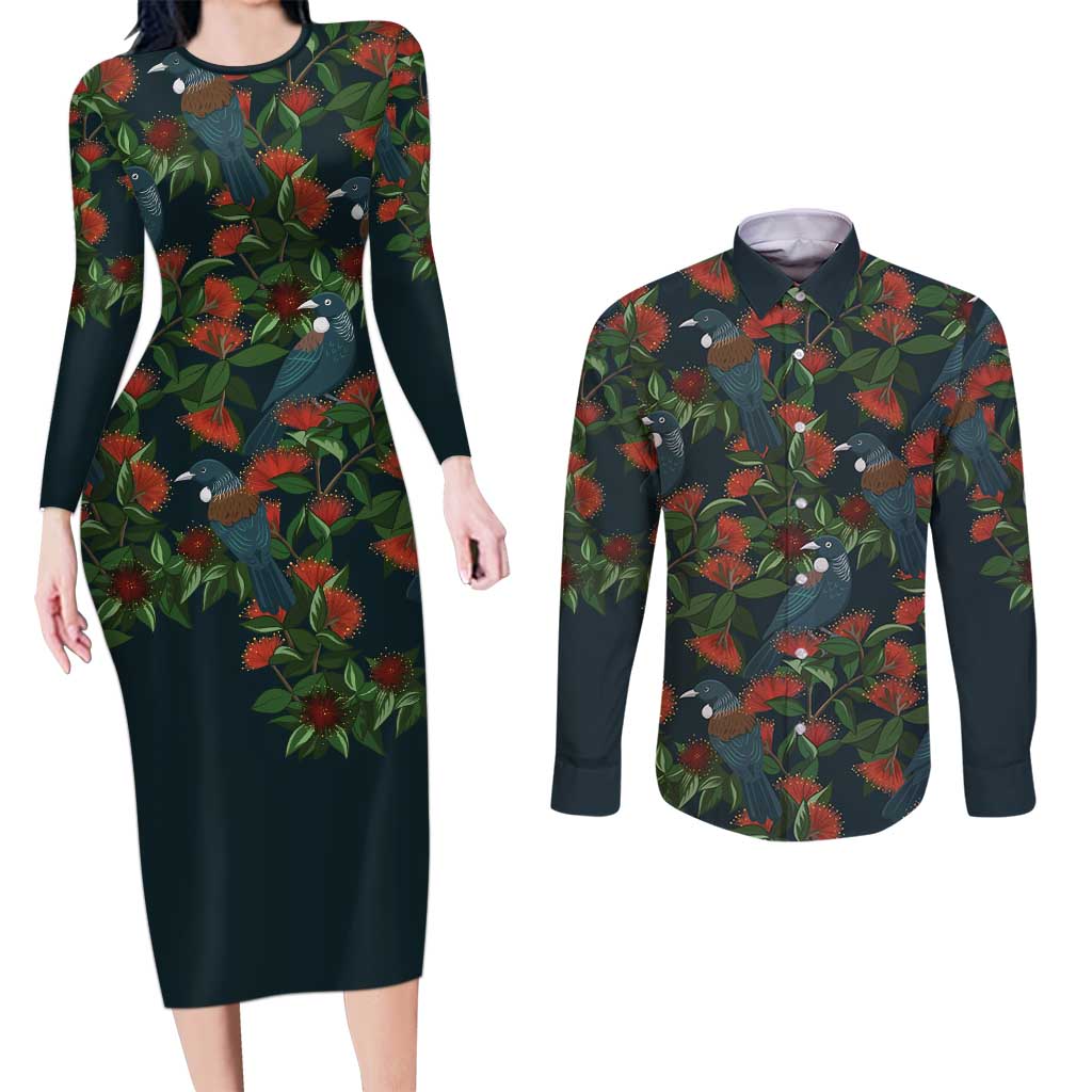 New Zealand Christmas Couples Matching Long Sleeve Bodycon Dress and Long Sleeve Button Shirt Romantic Tui Birds on Pohutukawa - Cobalt - Polynesian Pride