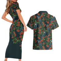 New Zealand Christmas Couples Matching Short Sleeve Bodycon Dress and Hawaiian Shirt Romantic Tui Birds on Pohutukawa - Cobalt - Polynesian Pride