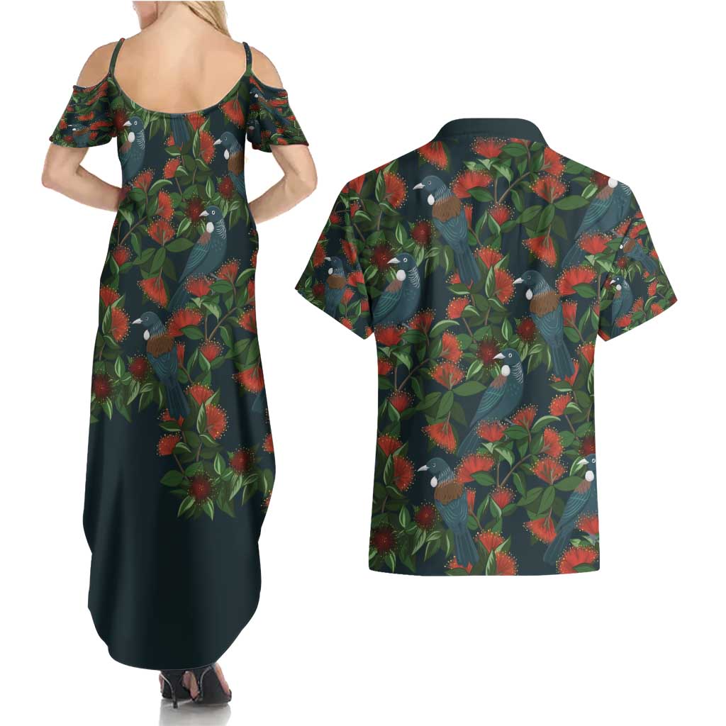 New Zealand Christmas Couples Matching Summer Maxi Dress and Hawaiian Shirt Romantic Tui Birds on Pohutukawa - Cobalt - Polynesian Pride