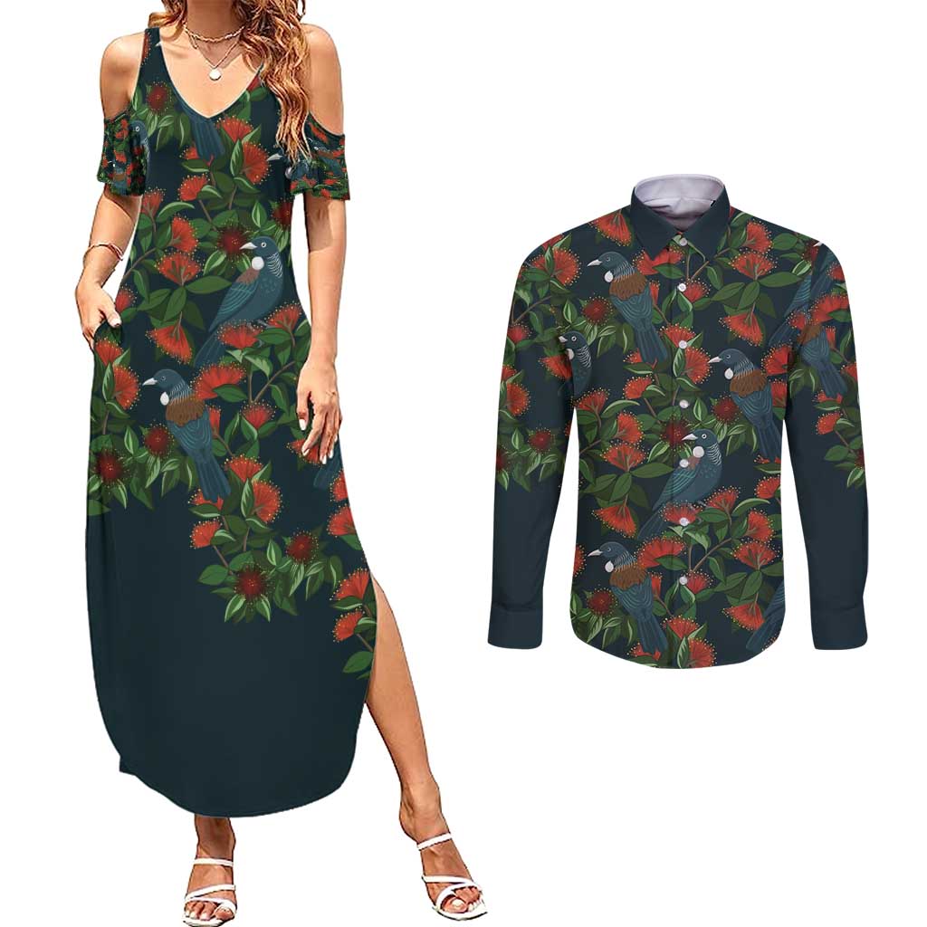 New Zealand Christmas Couples Matching Summer Maxi Dress and Long Sleeve Button Shirt Romantic Tui Birds on Pohutukawa - Cobalt - Polynesian Pride