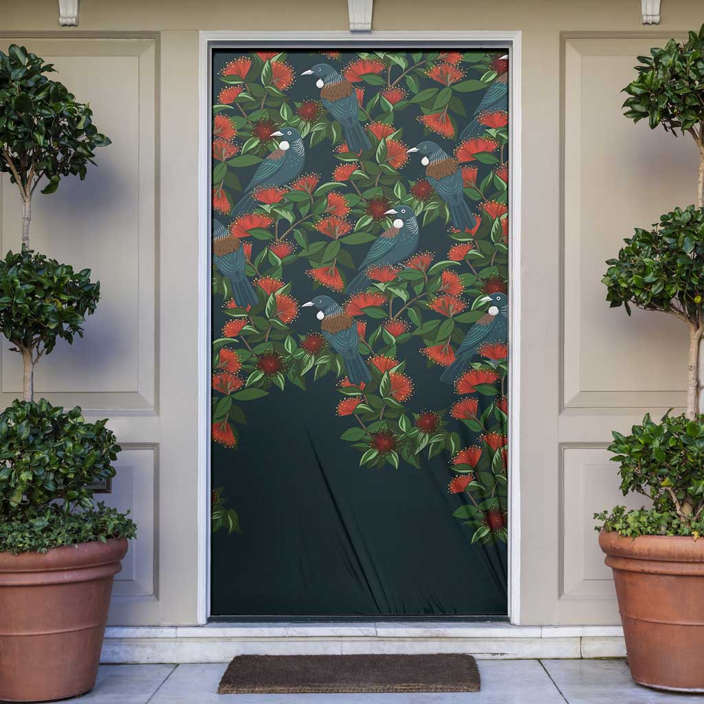New Zealand Christmas Door Cover Romantic Tui Birds on Pohutukawa - Cobalt - Polynesian Pride