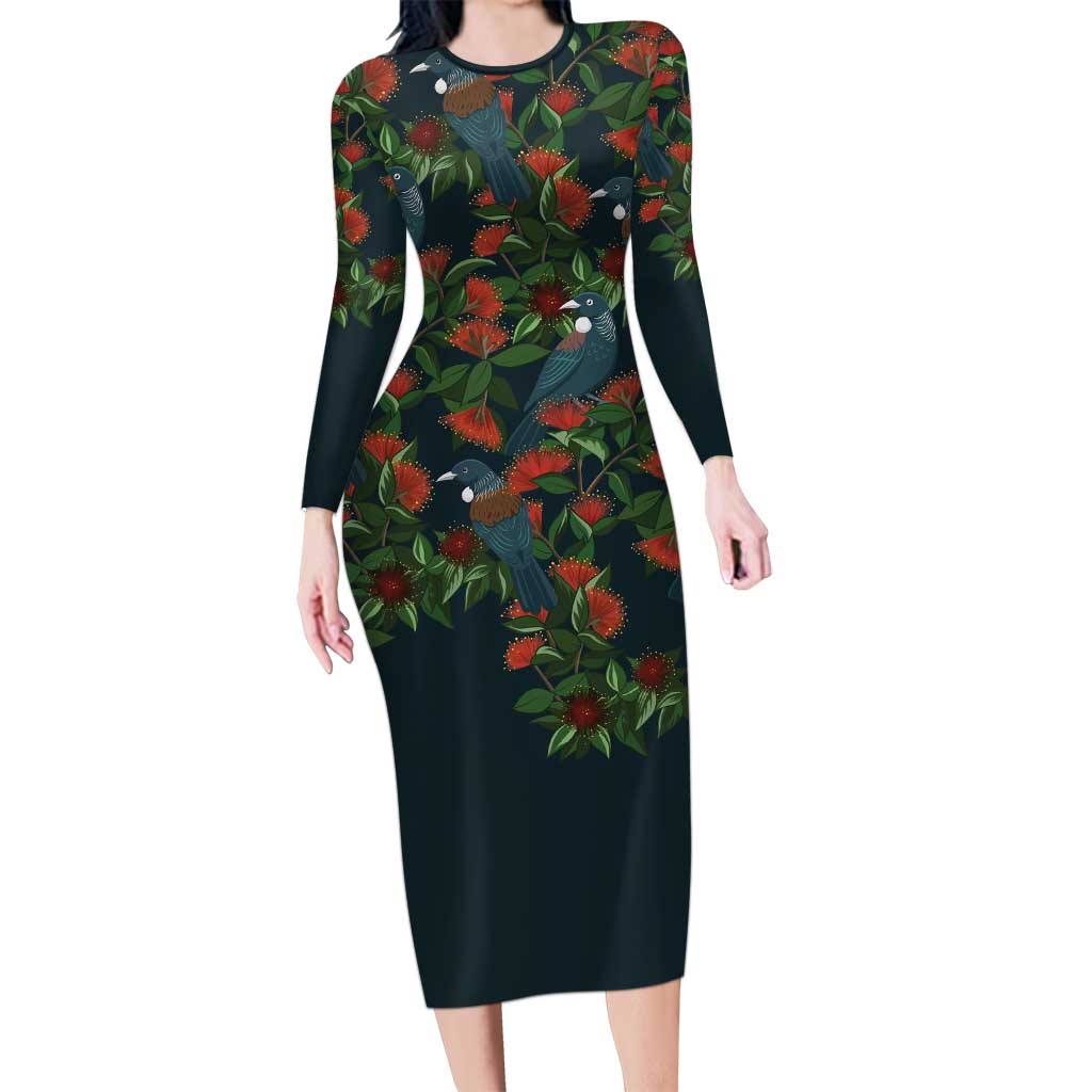 New Zealand Christmas Family Matching Long Sleeve Bodycon Dress and Hawaiian Shirt Romantic Tui Birds on Pohutukawa - Cobalt - Polynesian Pride