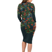 New Zealand Christmas Family Matching Long Sleeve Bodycon Dress and Hawaiian Shirt Romantic Tui Birds on Pohutukawa - Cobalt - Polynesian Pride