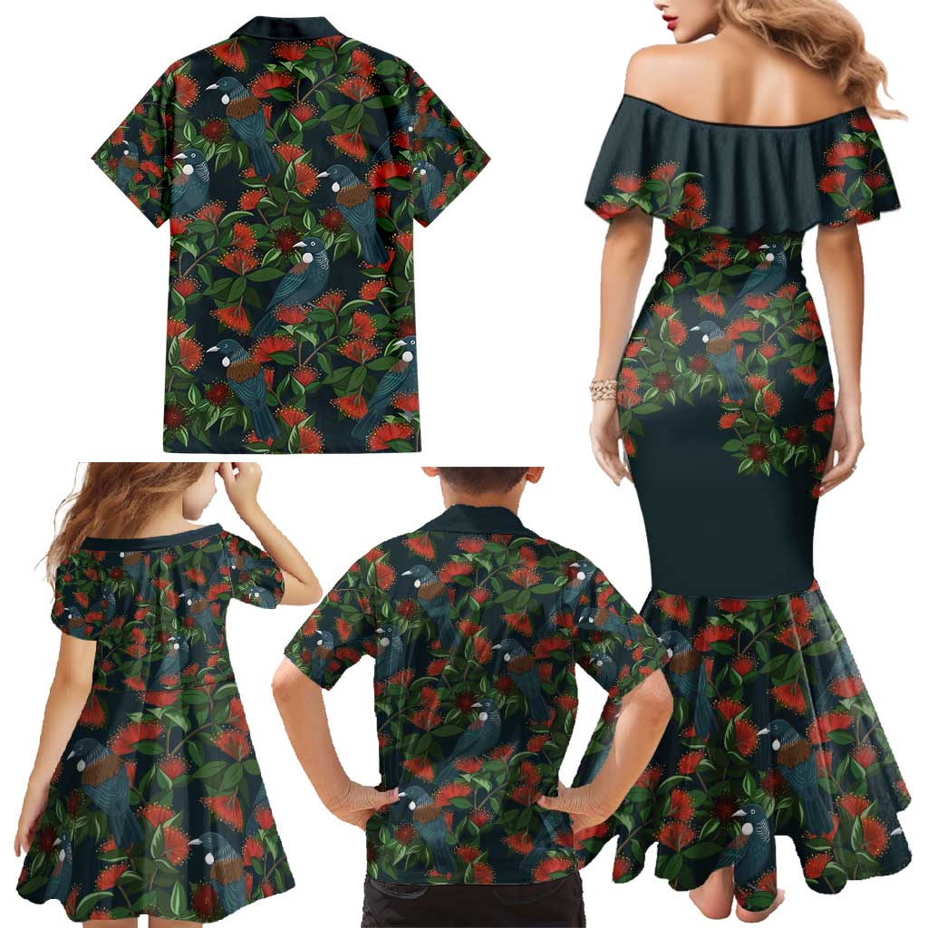 New Zealand Christmas Family Matching Mermaid Dress and Hawaiian Shirt Romantic Tui Birds on Pohutukawa - Cobalt - Polynesian Pride