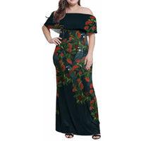 New Zealand Christmas Family Matching Off Shoulder Maxi Dress and Hawaiian Shirt Romantic Tui Birds on Pohutukawa - Cobalt - Polynesian Pride