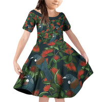 New Zealand Christmas Family Matching Off Shoulder Short Dress and Hawaiian Shirt Romantic Tui Birds on Pohutukawa - Cobalt - Polynesian Pride