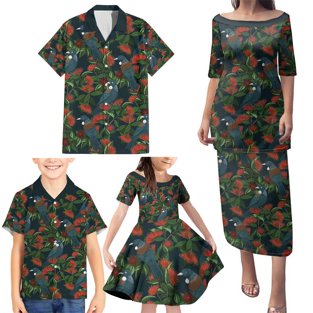 New Zealand Christmas Family Matching Puletasi and Hawaiian Shirt Romantic Tui Birds on Pohutukawa - Cobalt - Polynesian Pride
