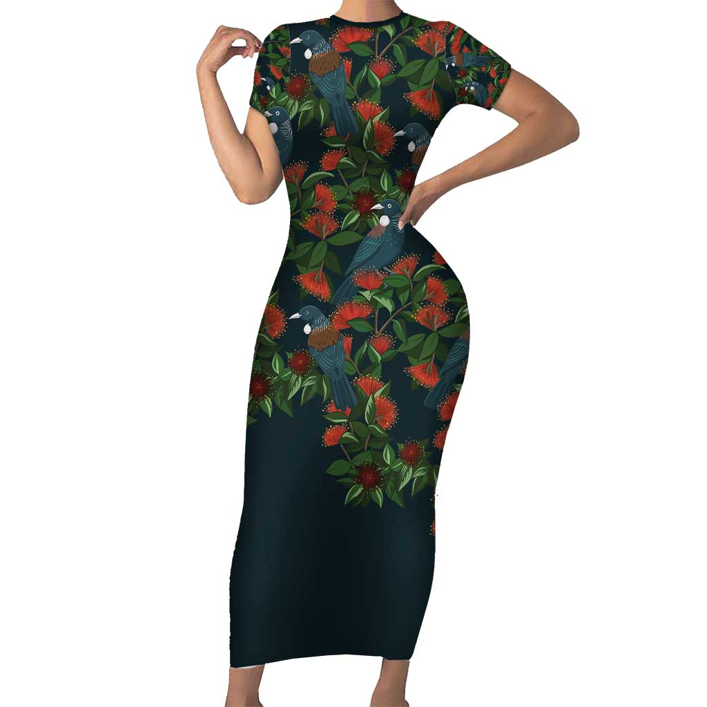 New Zealand Christmas Family Matching Short Sleeve Bodycon Dress and Hawaiian Shirt Romantic Tui Birds on Pohutukawa - Cobalt - Polynesian Pride
