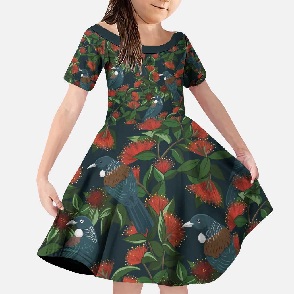 New Zealand Christmas Family Matching Summer Maxi Dress and Hawaiian Shirt Romantic Tui Birds on Pohutukawa - Cobalt - Polynesian Pride