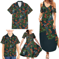 New Zealand Christmas Family Matching Summer Maxi Dress and Hawaiian Shirt Romantic Tui Birds on Pohutukawa - Cobalt - Polynesian Pride