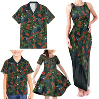 New Zealand Christmas Family Matching Tank Maxi Dress and Hawaiian Shirt Romantic Tui Birds on Pohutukawa - Cobalt - Polynesian Pride
