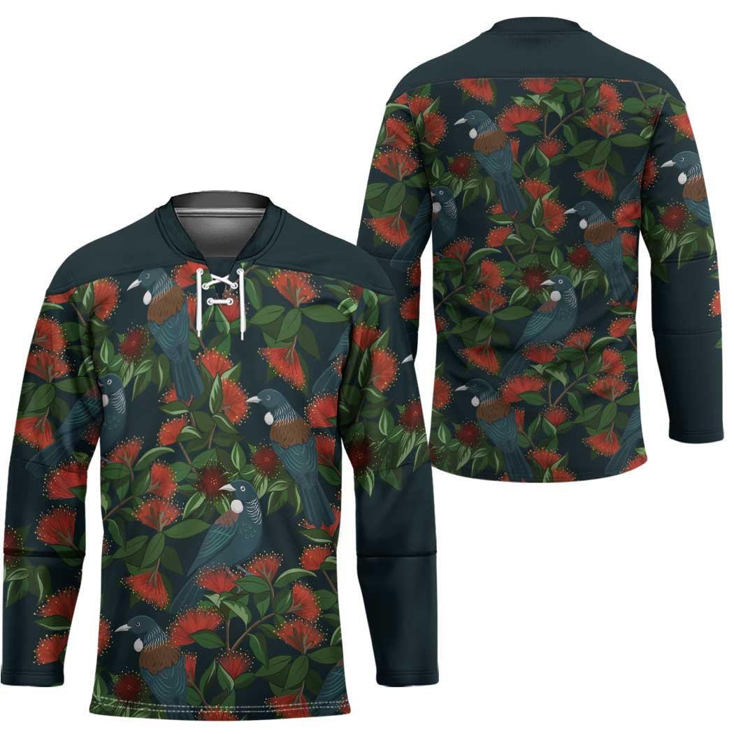 New Zealand Christmas Hockey Jersey Romantic Tui Birds on Pohutukawa - Cobalt - Polynesian Pride