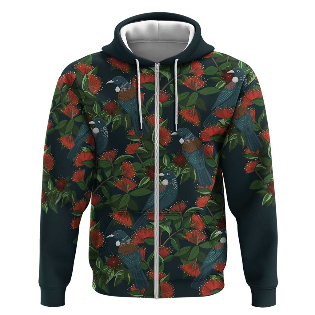 New Zealand Christmas Hoodie Romantic Tui Birds on Pohutukawa - Cobalt - Polynesian Pride