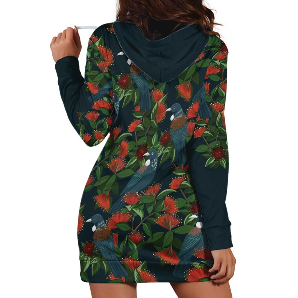 New Zealand Christmas Hoodie Dress Romantic Tui Birds on Pohutukawa - Cobalt - Polynesian Pride