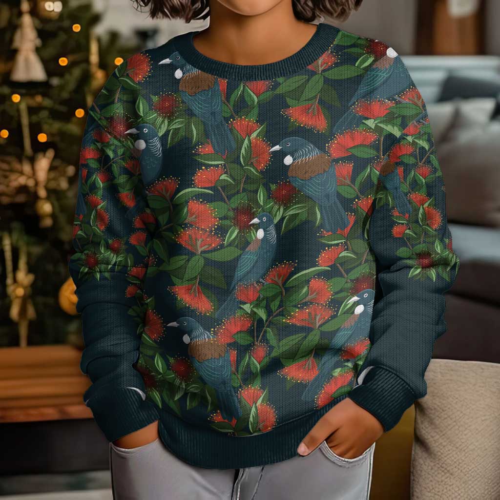 New Zealand Christmas Kid Ugly Christmas Sweater Romantic Tui Birds on Pohutukawa - Cobalt - Polynesian Pride