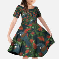 New Zealand Christmas Kid Short Sleeve Dress Romantic Tui Birds on Pohutukawa - Cobalt - Polynesian Pride