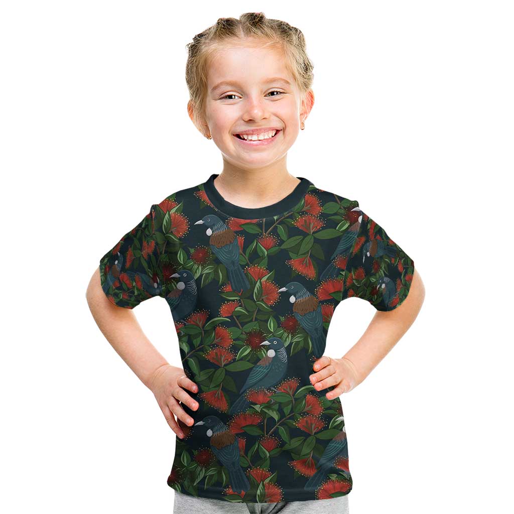 New Zealand Christmas Kid T Shirt Romantic Tui Birds on Pohutukawa - Cobalt - Polynesian Pride
