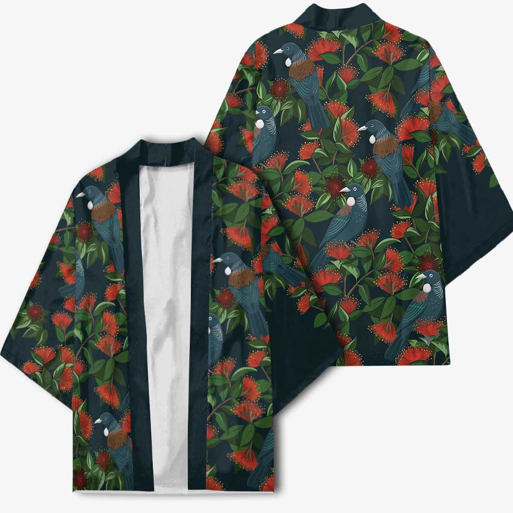 New Zealand Christmas Kimono Romantic Tui Birds on Pohutukawa - Cobalt - Polynesian Pride