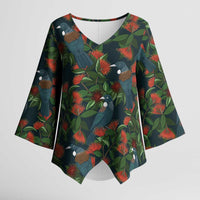 New Zealand Christmas Kimono Sleeve Blouse Romantic Tui Birds on Pohutukawa - Cobalt - Polynesian Pride