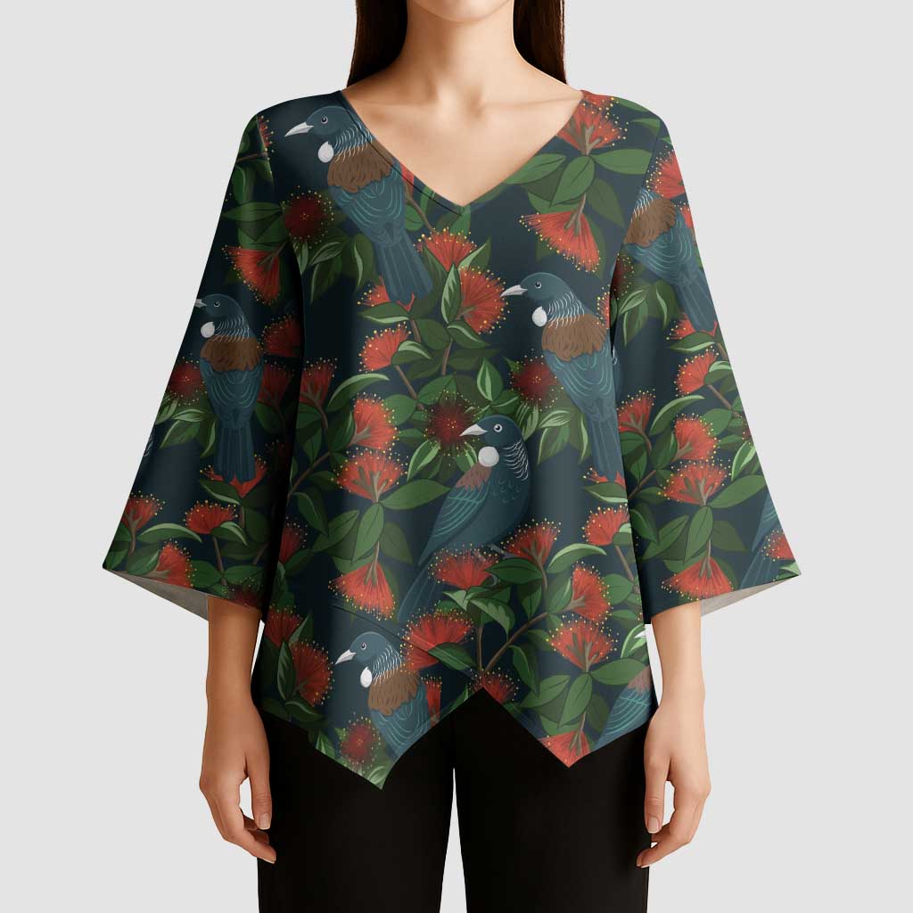 New Zealand Christmas Kimono Sleeve Blouse Romantic Tui Birds on Pohutukawa - Cobalt - Polynesian Pride