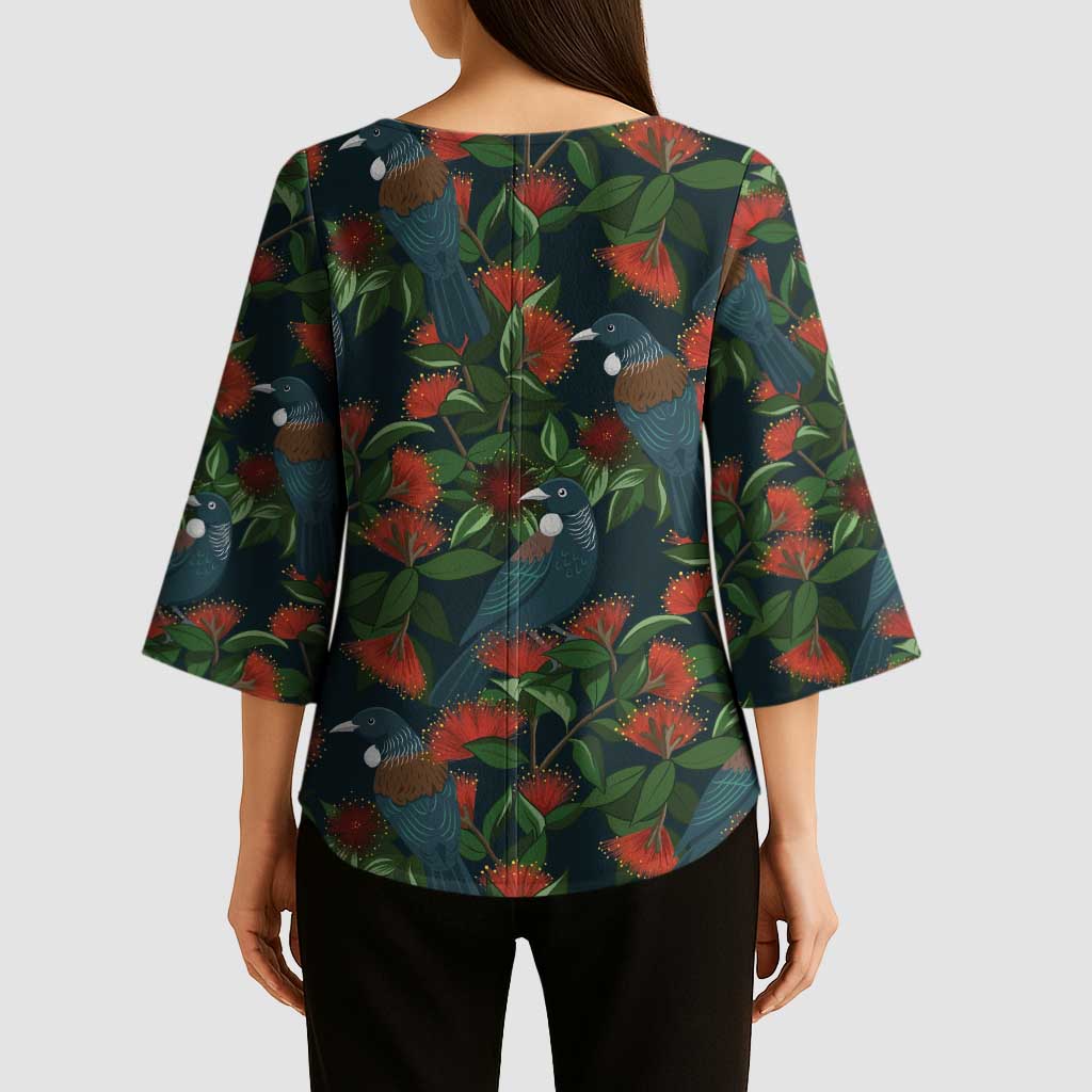 New Zealand Christmas Kimono Sleeve Blouse Romantic Tui Birds on Pohutukawa - Cobalt - Polynesian Pride