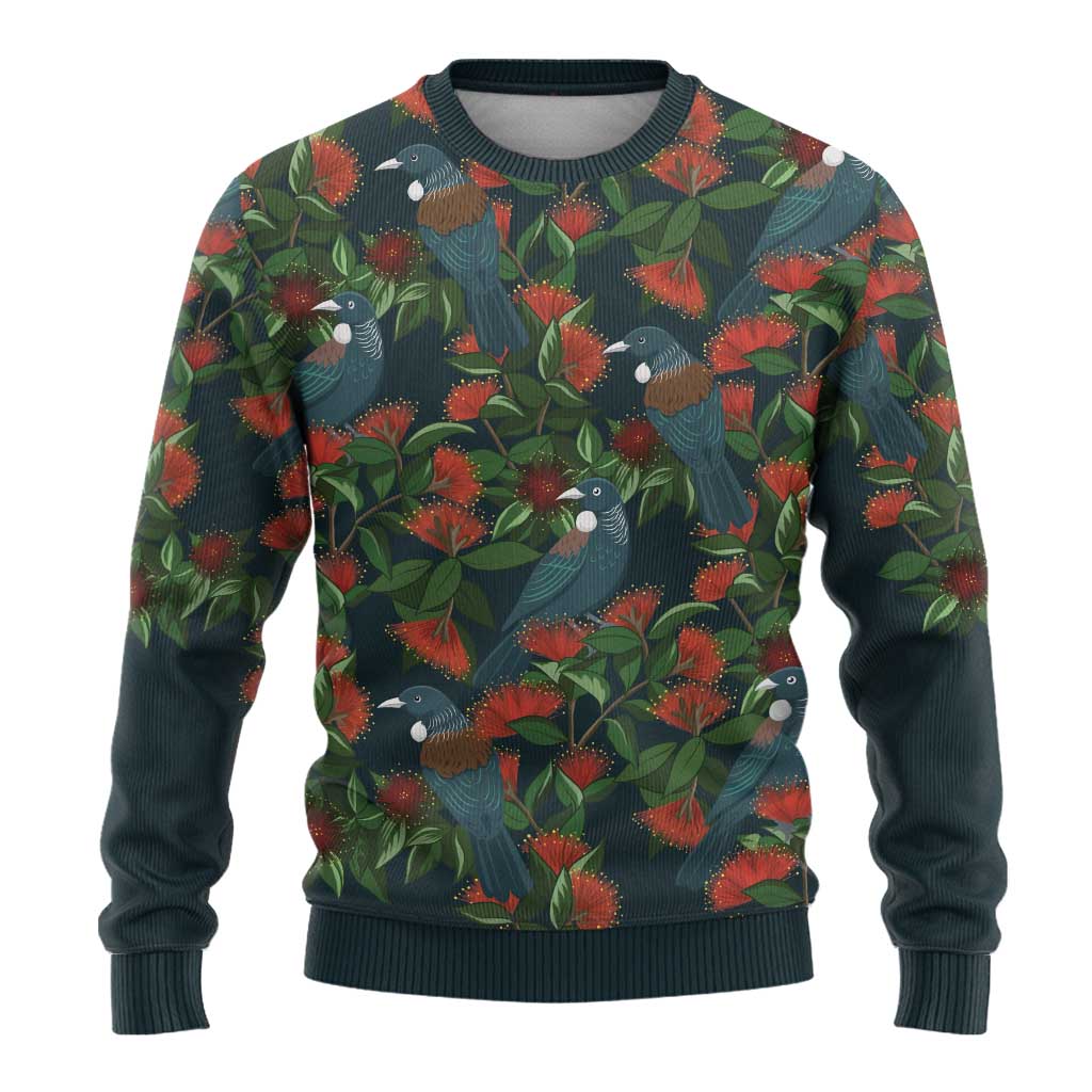 New Zealand Christmas Ugly Christmas Sweater Romantic Tui Birds on Pohutukawa - Cobalt - Polynesian Pride