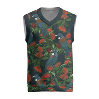 New Zealand Christmas Knitted V-Neck Vest Romantic Tui Birds on Pohutukawa - Cobalt - Polynesian Pride