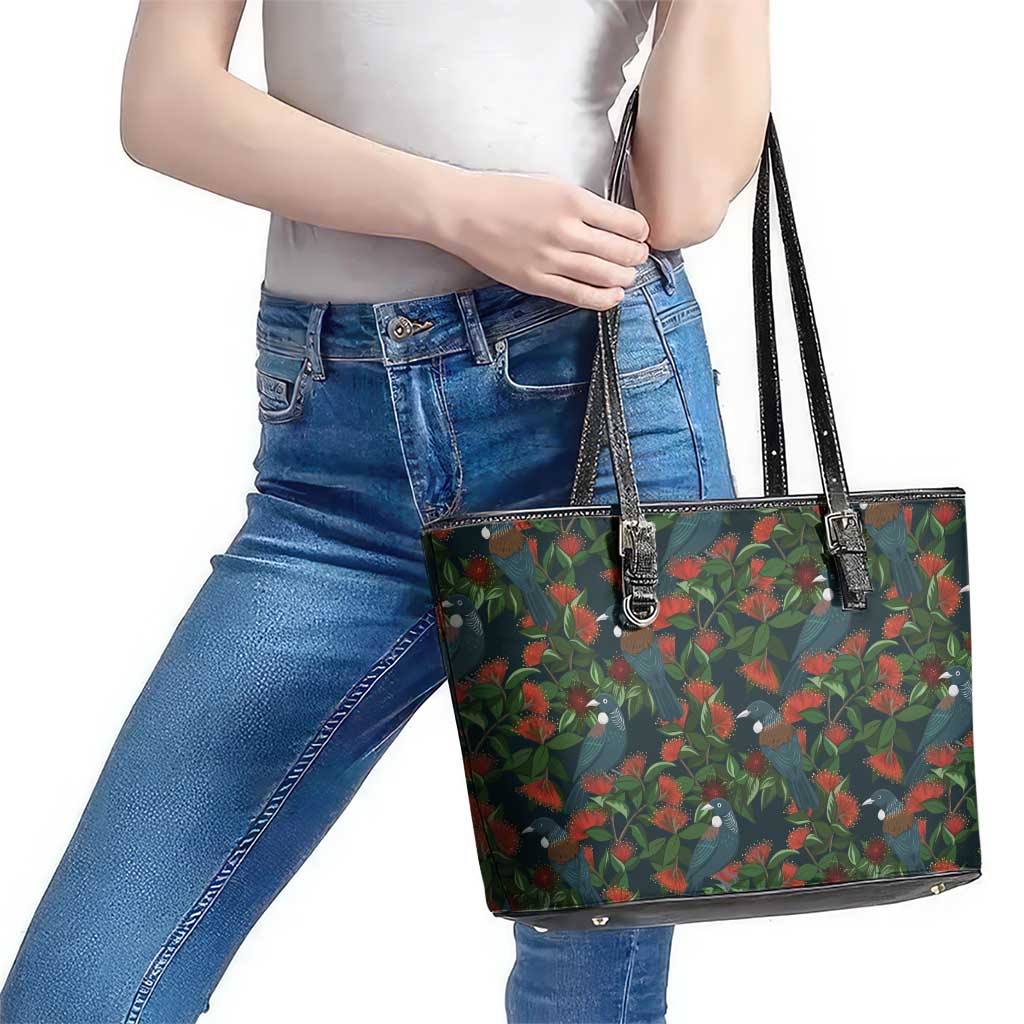 New Zealand Christmas Leather Tote Bag Romantic Tui Birds on Pohutukawa - Cobalt - Polynesian Pride