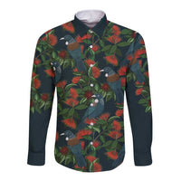 New Zealand Christmas Long Sleeve Button Shirt Romantic Tui Birds on Pohutukawa - Cobalt - Polynesian Pride