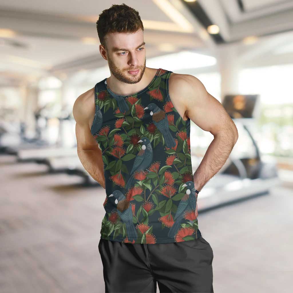 New Zealand Christmas Men Tank Top Romantic Tui Birds on Pohutukawa - Cobalt - Polynesian Pride